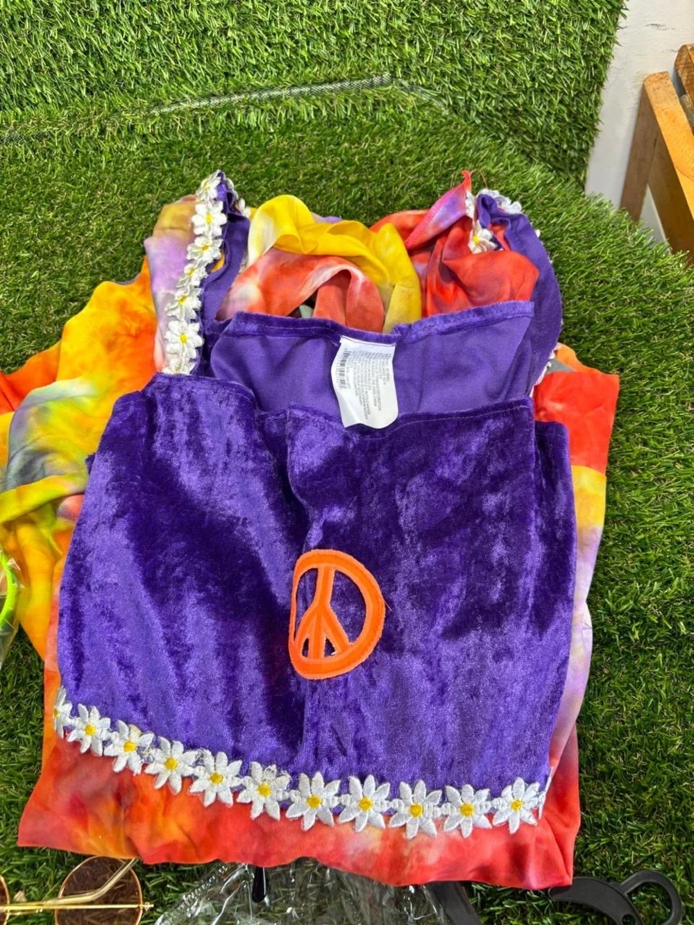 Girls Hippie Costume Set Tie Dye Velvet Dress Accessories 60s 70s Full Kit